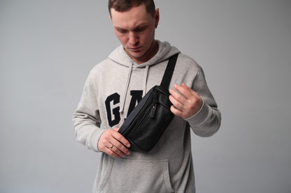 Mens Handmade Leather Banana Bag Black Stylish Fanny Pack Gift for Him