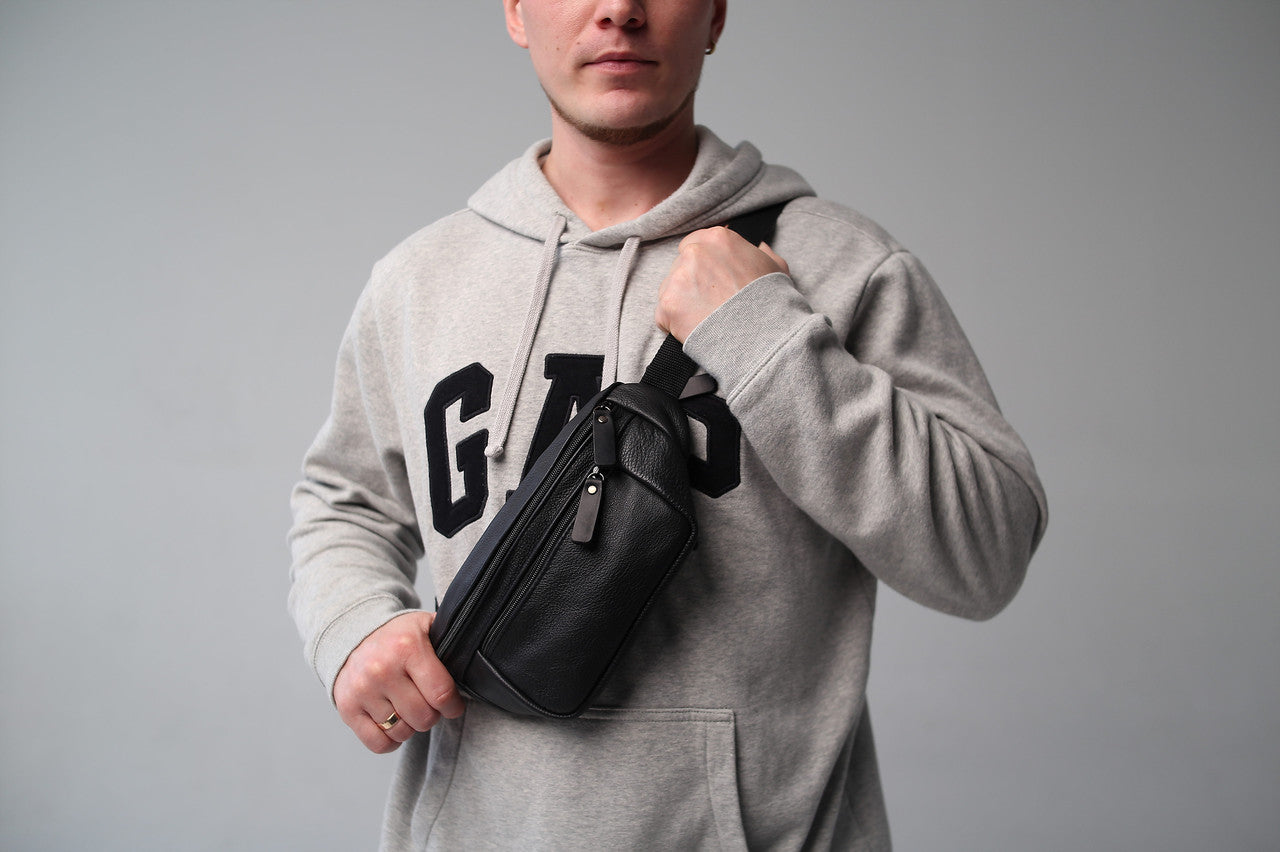 Mens Handmade Leather Banana Bag Black Stylish Fanny Pack Gift for Him