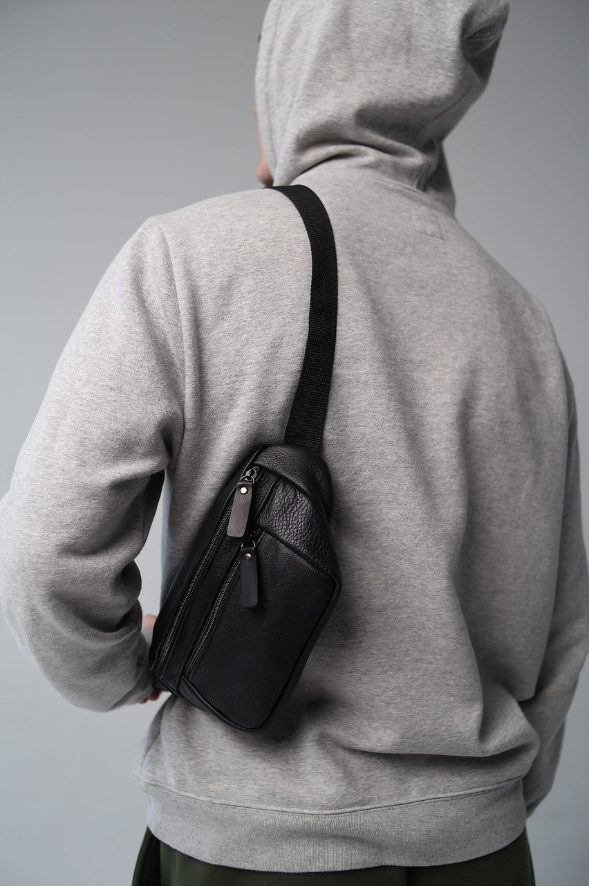 Mens Handmade Leather Banana Bag Black Stylish Fanny Pack Gift for Him