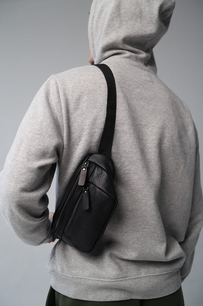Mens Handmade Leather Banana Bag Black Stylish Fanny Pack Gift for Him