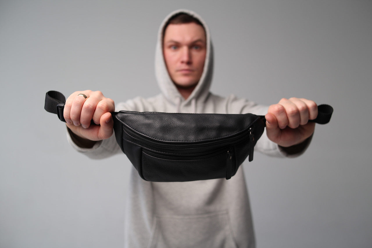 Mens Handmade Leather Banana Bag Black Stylish Fanny Pack Gift for Him