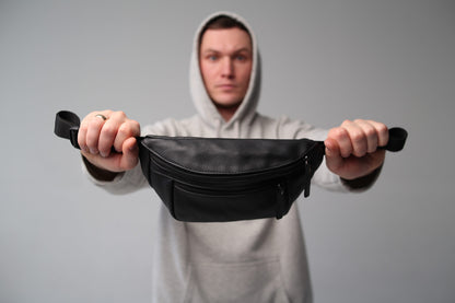 Mens Handmade Leather Banana Bag Black Stylish Fanny Pack Gift for Him