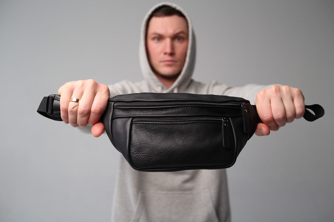 Mens Handmade Leather Banana Bag Black Stylish Fanny Pack Gift for Him