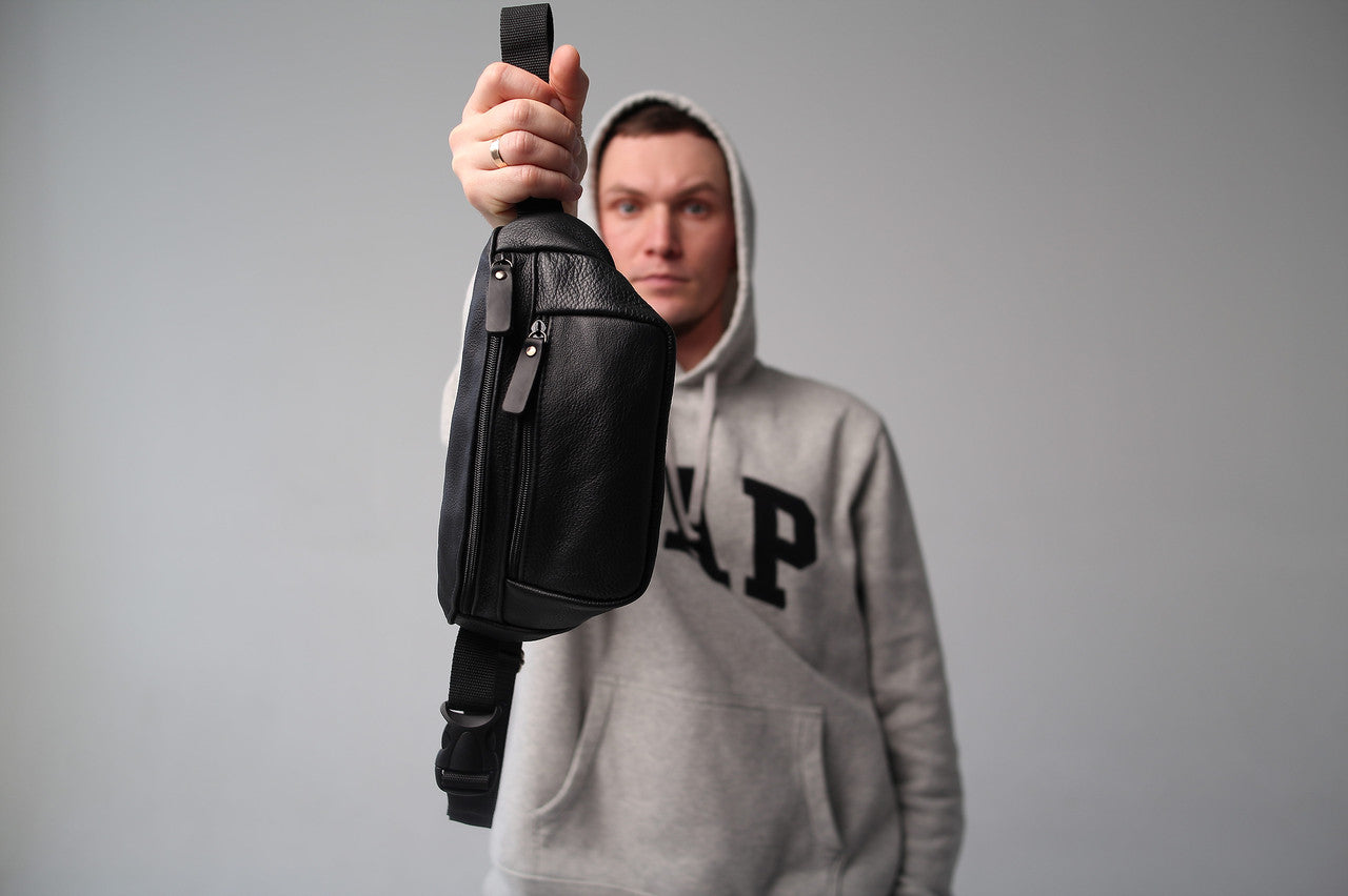 Mens Handmade Leather Banana Bag Black Stylish Fanny Pack Gift for Him