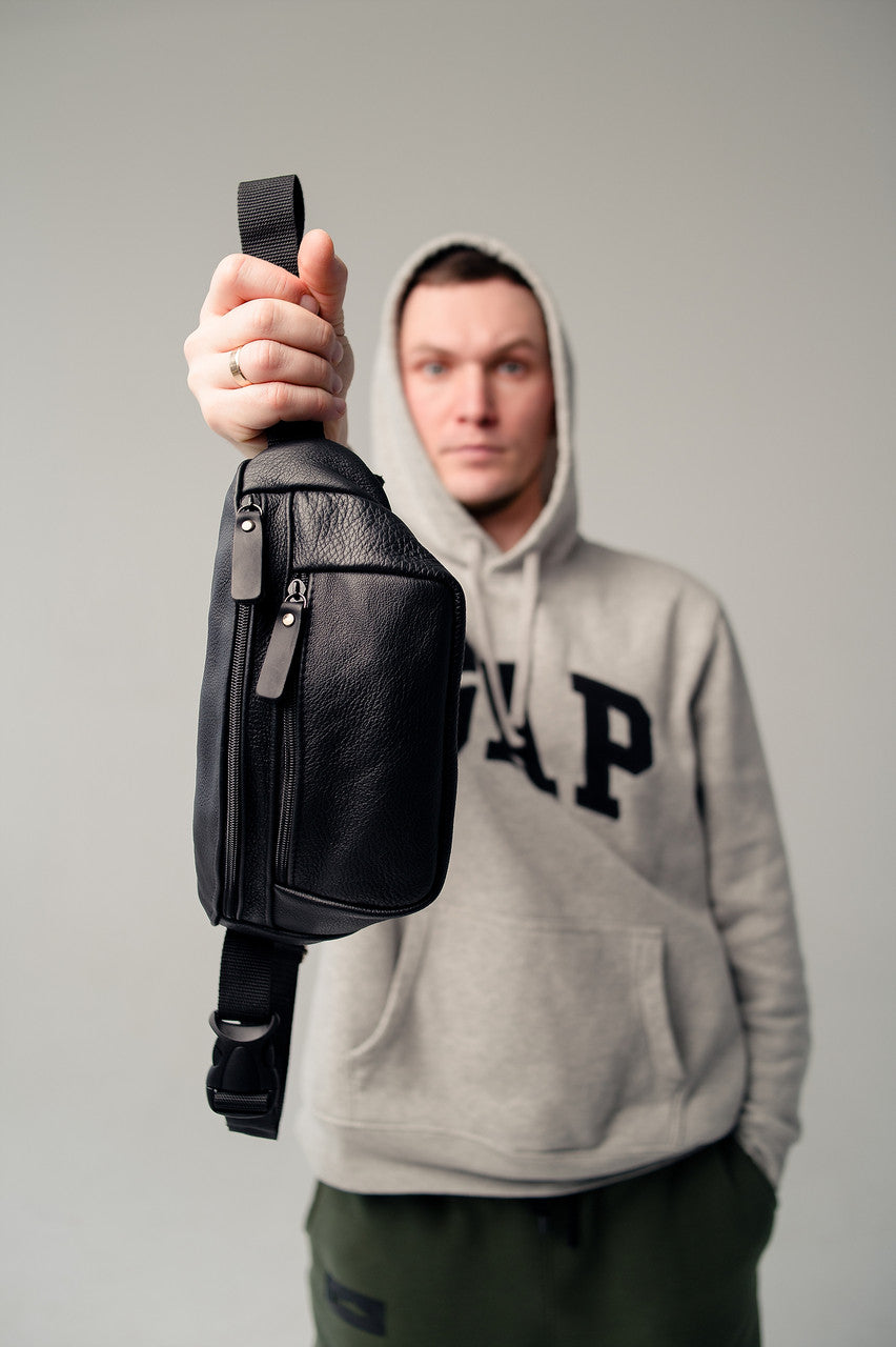 Mens Handmade Leather Banana Bag Black Stylish Fanny Pack Gift for Him