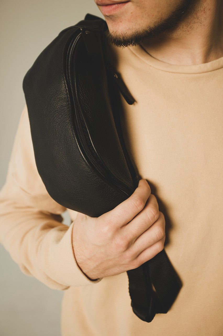 Handmade Black Genuine Leather Mens Belt Bag Fanny Pack Gift for Him