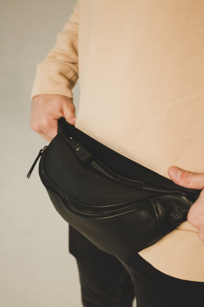 Handmade Black Genuine Leather Mens Belt Bag Fanny Pack Gift for Him