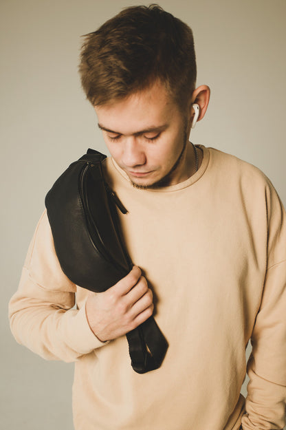 Handmade Black Genuine Leather Mens Belt Bag Fanny Pack Gift for Him
