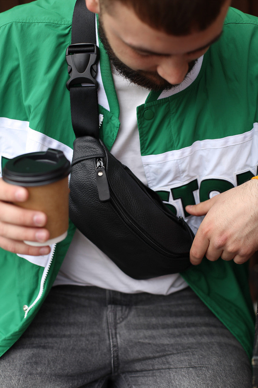 Mens Handmade Genuine Leather Banana Bag Black Waist Bag Belt Bag Gift for Him