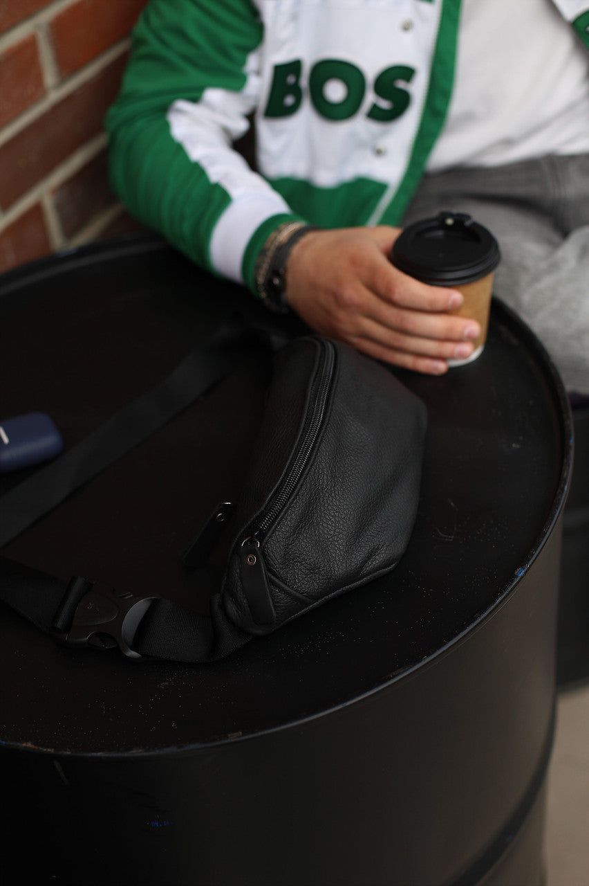 Mens Handmade Genuine Leather Banana Bag Black Waist Bag Belt Bag Gift for Him