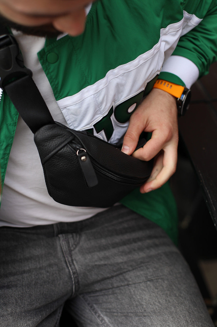 Mens Handmade Genuine Leather Banana Bag Black Waist Bag Belt Bag Gift for Him
