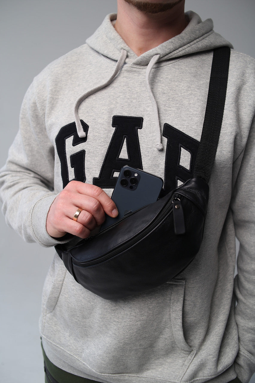 Handmade Mens Leather Belt Bag Black Gift for Him