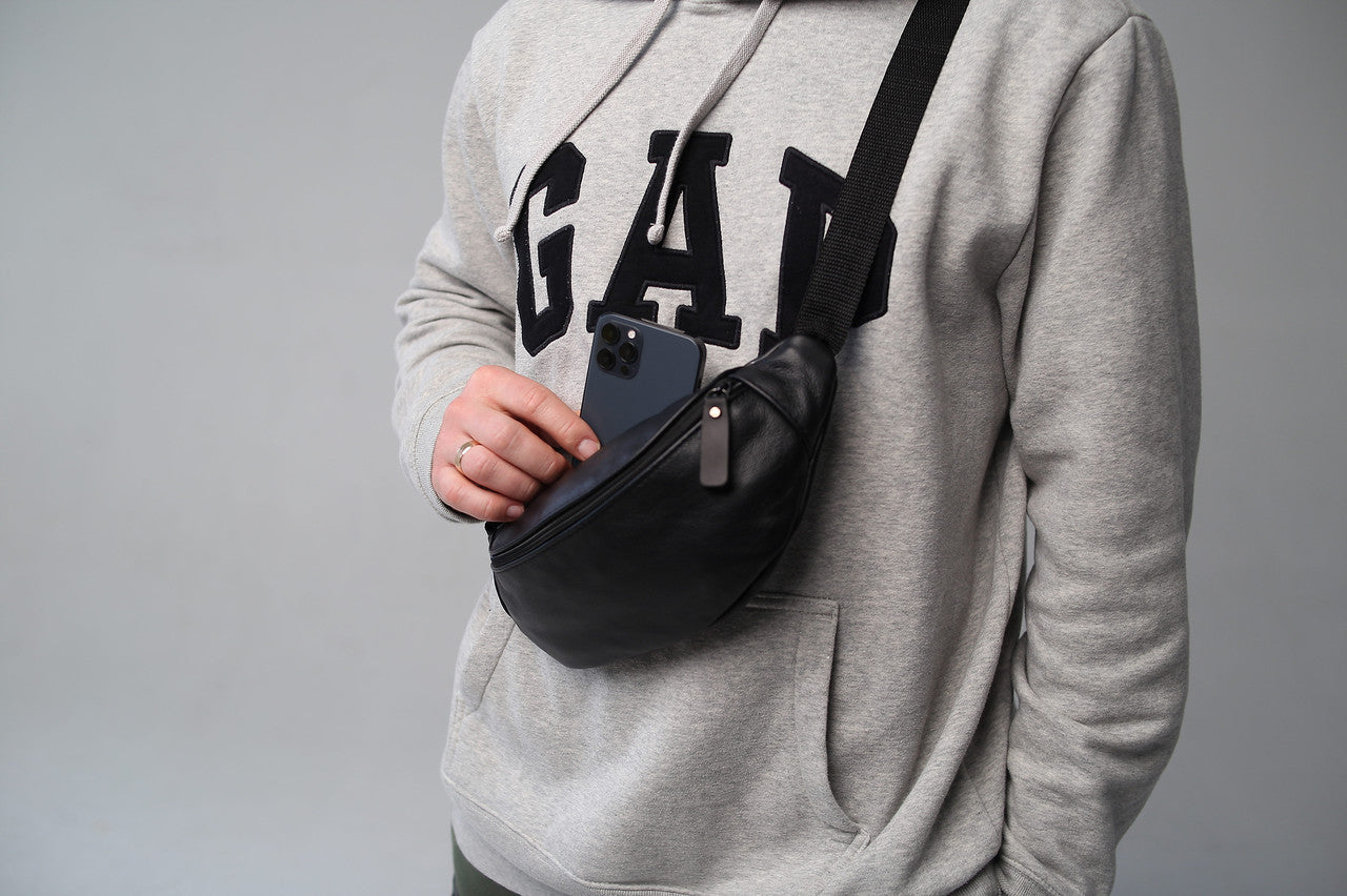 Handmade Mens Leather Belt Bag Black Gift for Him