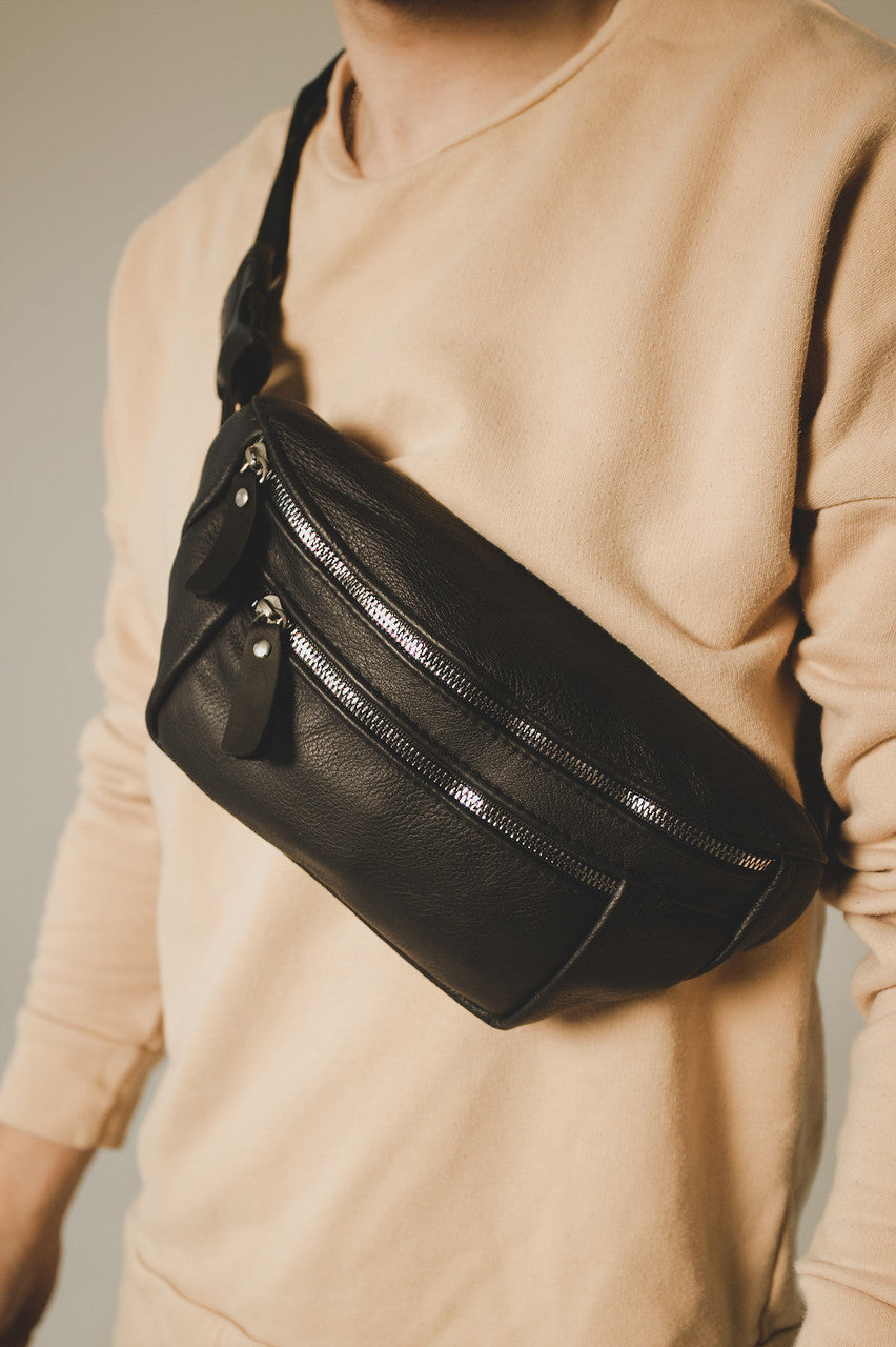 Handmade Mens Black Leather Banana Bag Gift for Him Leather Waist Bag