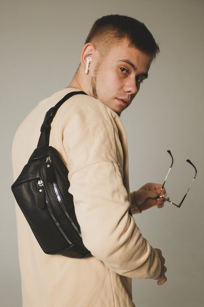 Handmade Mens Black Leather Banana Bag Gift for Him Leather Waist Bag