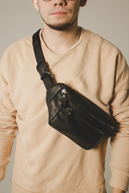 Handmade Mens Black Leather Banana Bag Gift for Him Leather Waist Bag