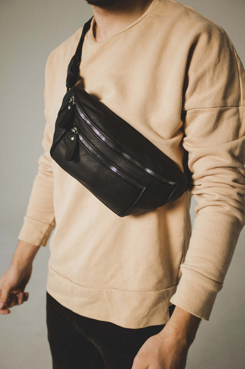 Handmade Mens Black Leather Banana Bag Gift for Him Leather Waist Bag