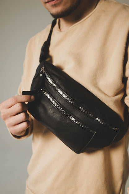 Handmade Mens Black Leather Banana Bag Gift for Him Leather Waist Bag