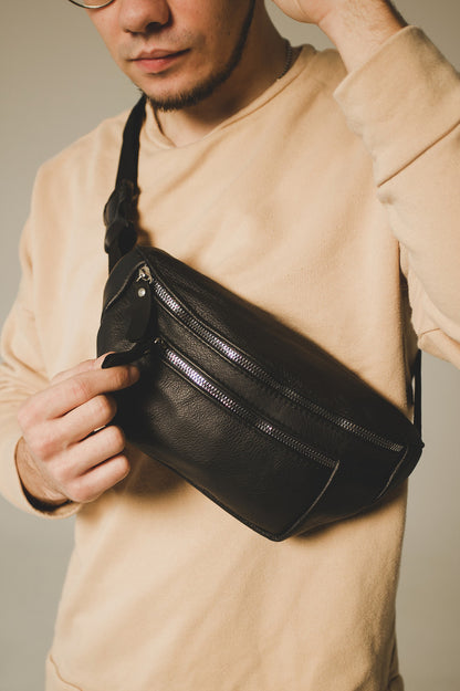 Handmade Mens Black Leather Banana Bag Gift for Him Leather Waist Bag
