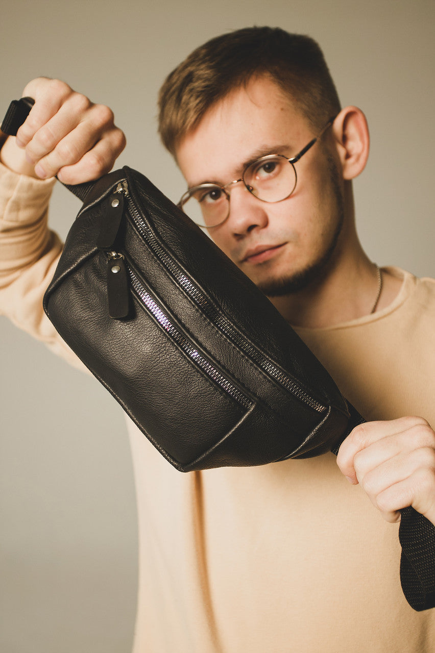 Handmade Mens Black Leather Banana Bag Gift for Him Leather Waist Bag