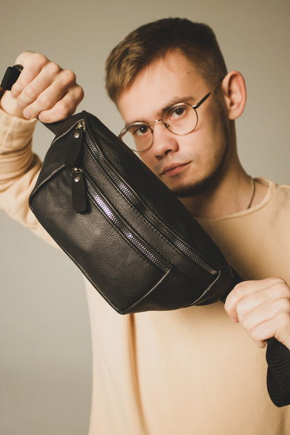 Handmade Mens Black Leather Banana Bag Gift for Him Leather Waist Bag
