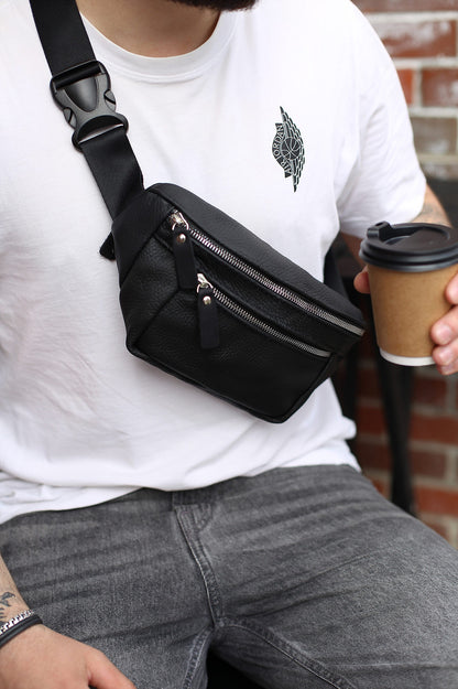 Handmade Genuine Leather Black Belt Bag Mens Fanny Pack Gift for Him