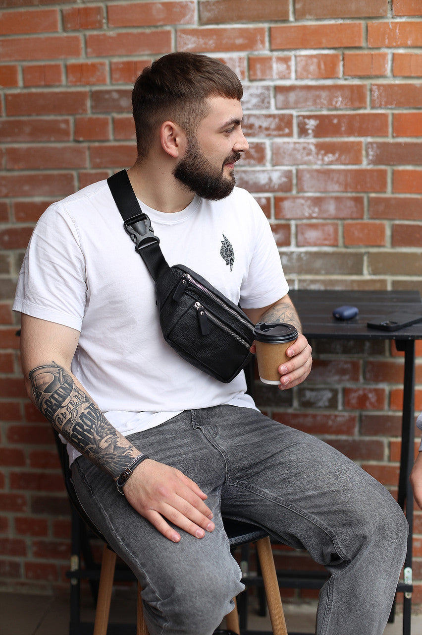 Handmade Genuine Leather Black Belt Bag Mens Fanny Pack Gift for Him