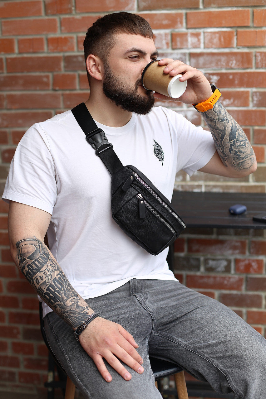 Handmade Genuine Leather Black Belt Bag Mens Fanny Pack Gift for Him