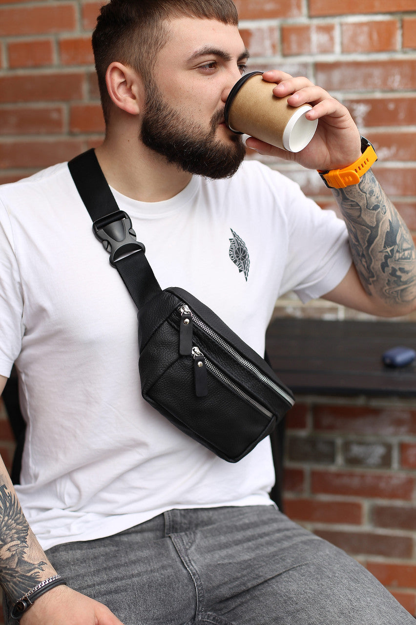 Handmade Genuine Leather Black Belt Bag Mens Fanny Pack Gift for Him