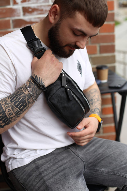 Handmade Genuine Leather Black Belt Bag Mens Fanny Pack Gift for Him