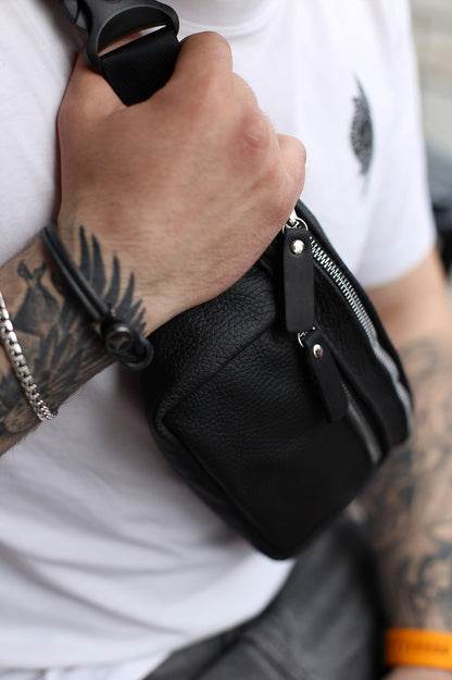 Handmade Genuine Leather Black Belt Bag Mens Fanny Pack Gift for Him