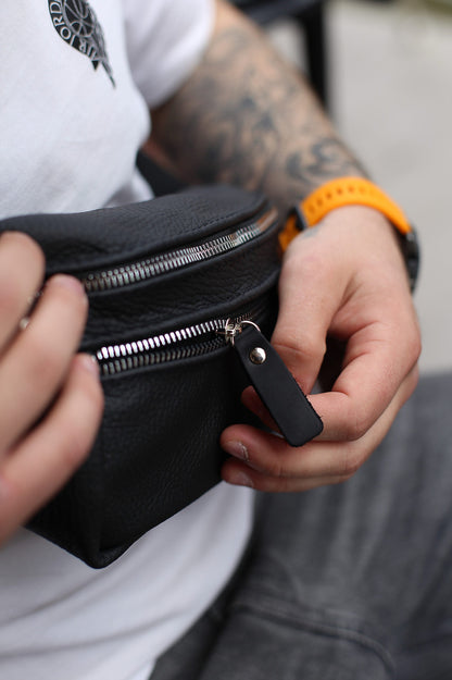 Handmade Genuine Leather Black Belt Bag Mens Fanny Pack Gift for Him
