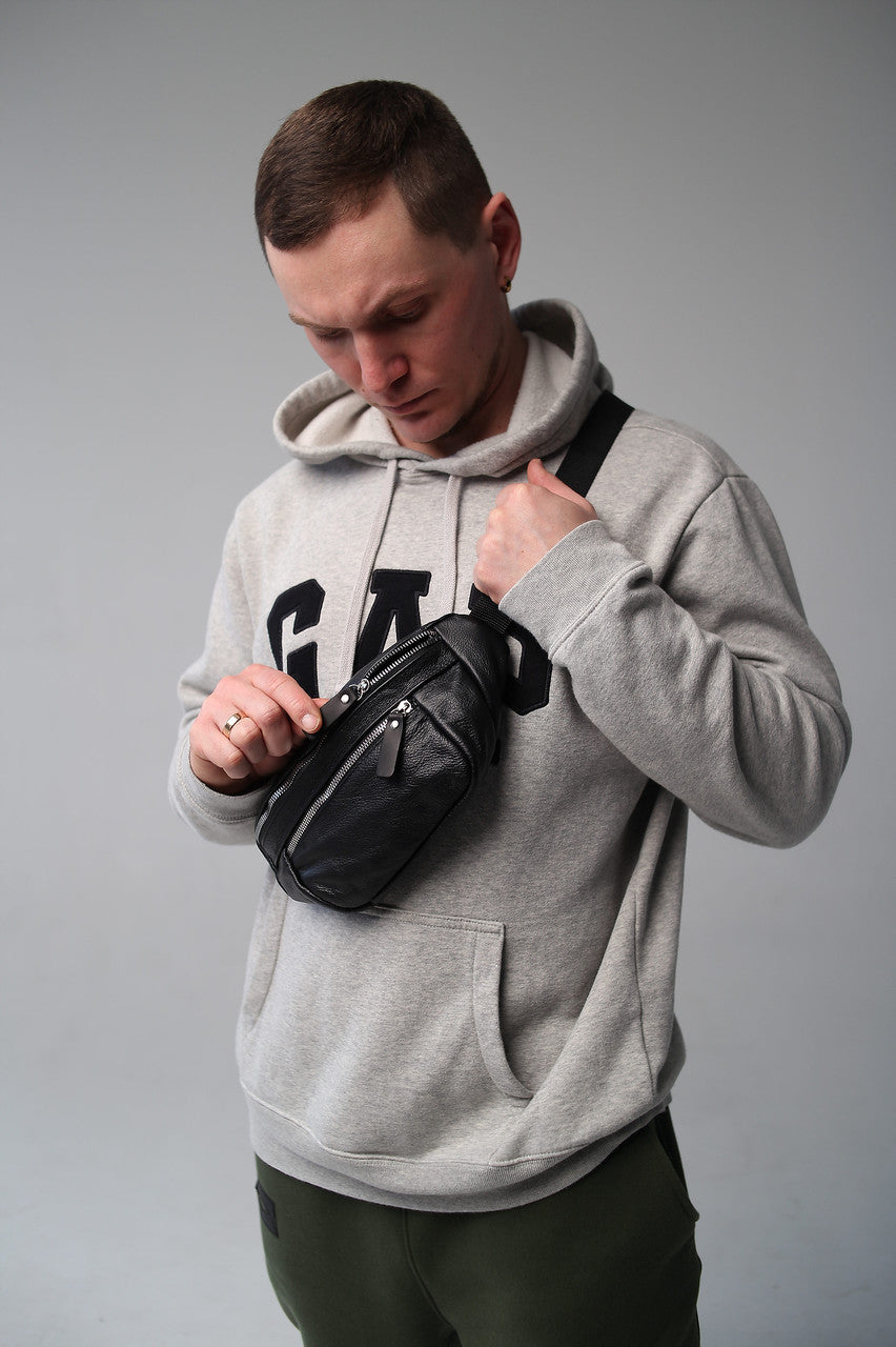 Handmade Mens Black Leather Banana Bag Waist Bag Fanny Pack Gift for Him