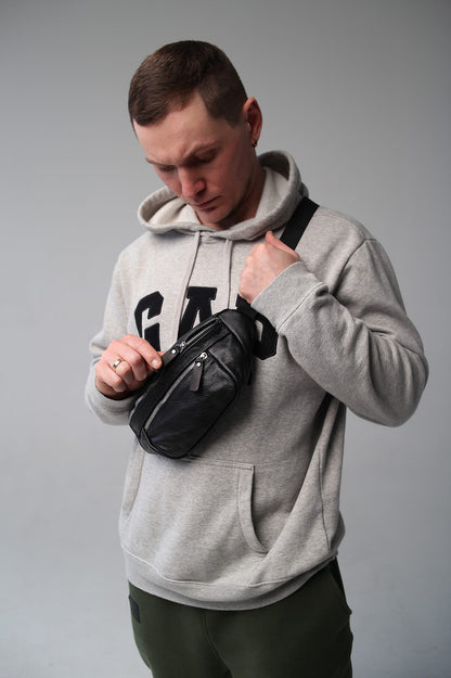 Handmade Mens Black Leather Banana Bag Waist Bag Fanny Pack Gift for Him