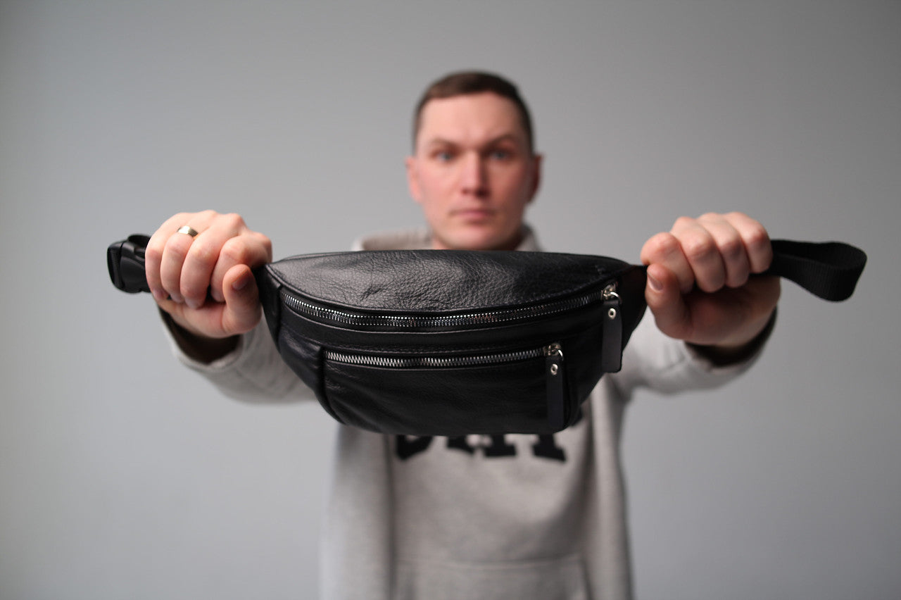 Handmade Mens Black Leather Banana Bag Waist Bag Fanny Pack Gift for Him