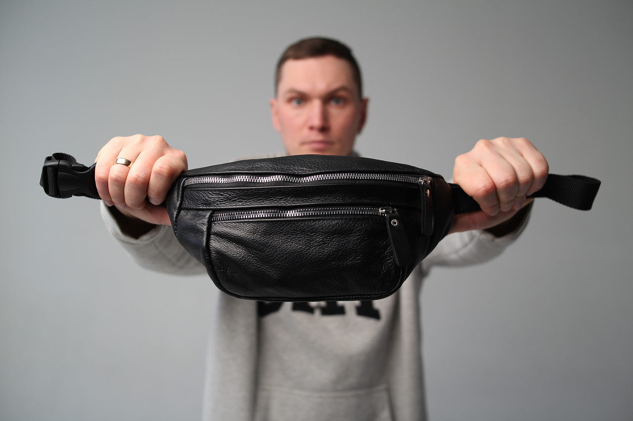 Handmade Mens Black Leather Banana Bag Waist Bag Fanny Pack Gift for Him