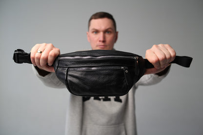 Handmade Mens Black Leather Banana Bag Waist Bag Fanny Pack Gift for Him