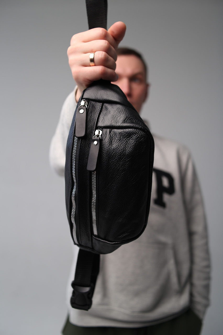 Handmade Mens Black Leather Banana Bag Waist Bag Fanny Pack Gift for Him