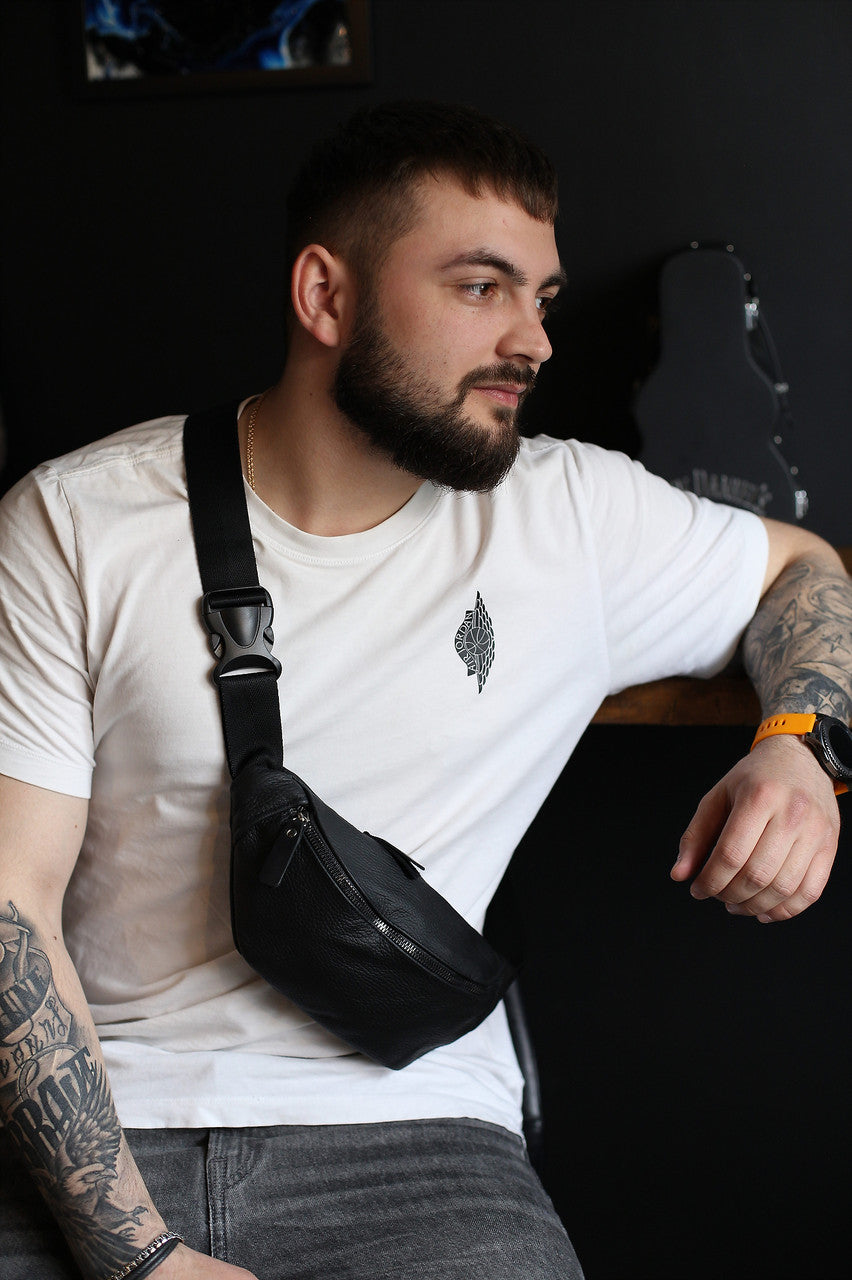 Handmade Mens Black Genuine Leather Belt Bag Waist Bag Gift For Him