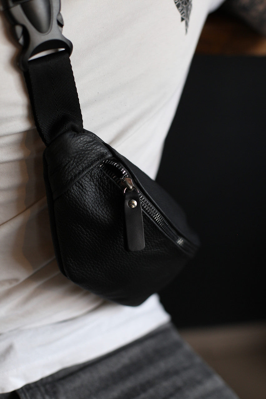 Handmade Mens Black Genuine Leather Belt Bag Waist Bag Gift For Him