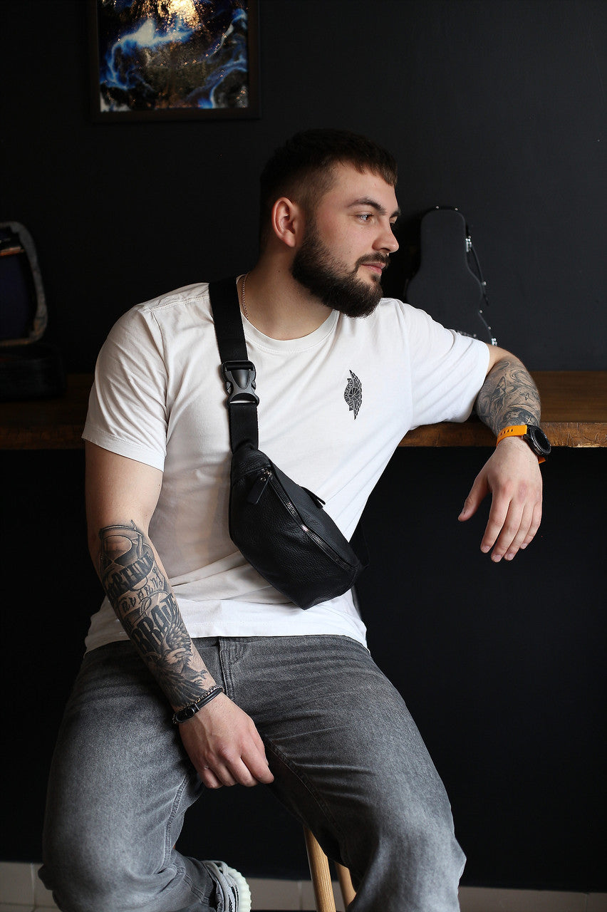 Handmade Mens Black Genuine Leather Belt Bag Waist Bag Gift For Him