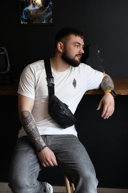 Handmade Mens Black Genuine Leather Belt Bag Waist Bag Gift For Him