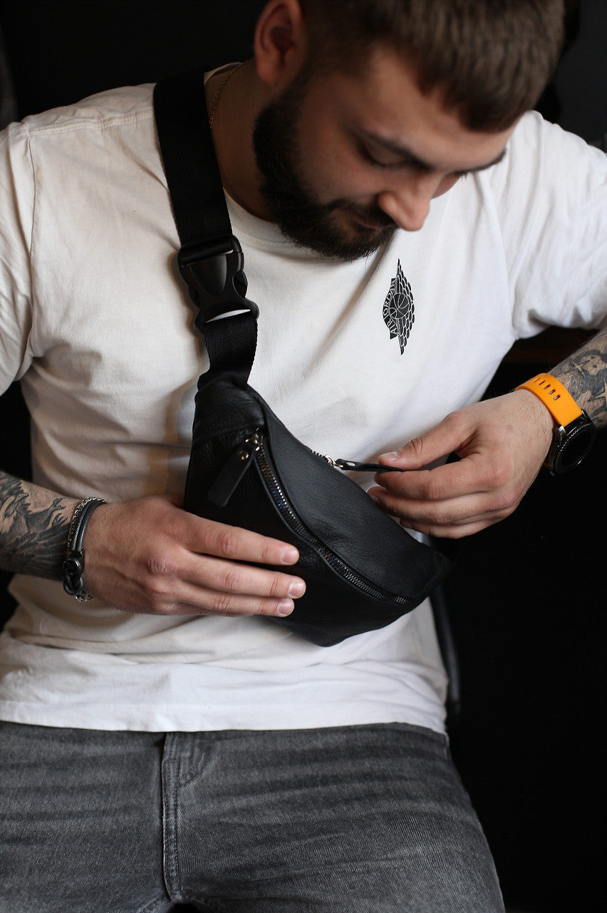 Handmade Mens Black Genuine Leather Belt Bag Waist Bag Gift For Him