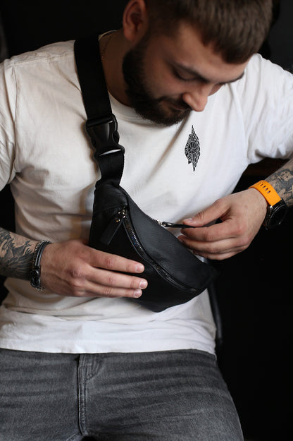 Handmade Mens Black Genuine Leather Belt Bag Waist Bag Gift For Him