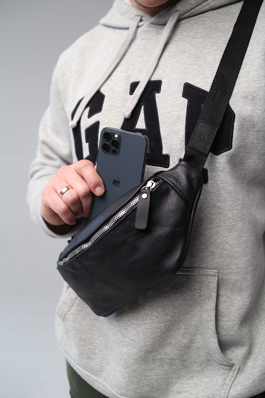 Mens Leather Banana Bag Black Handmade Gift For Him Waist Bag Fanny Pack Crossbody