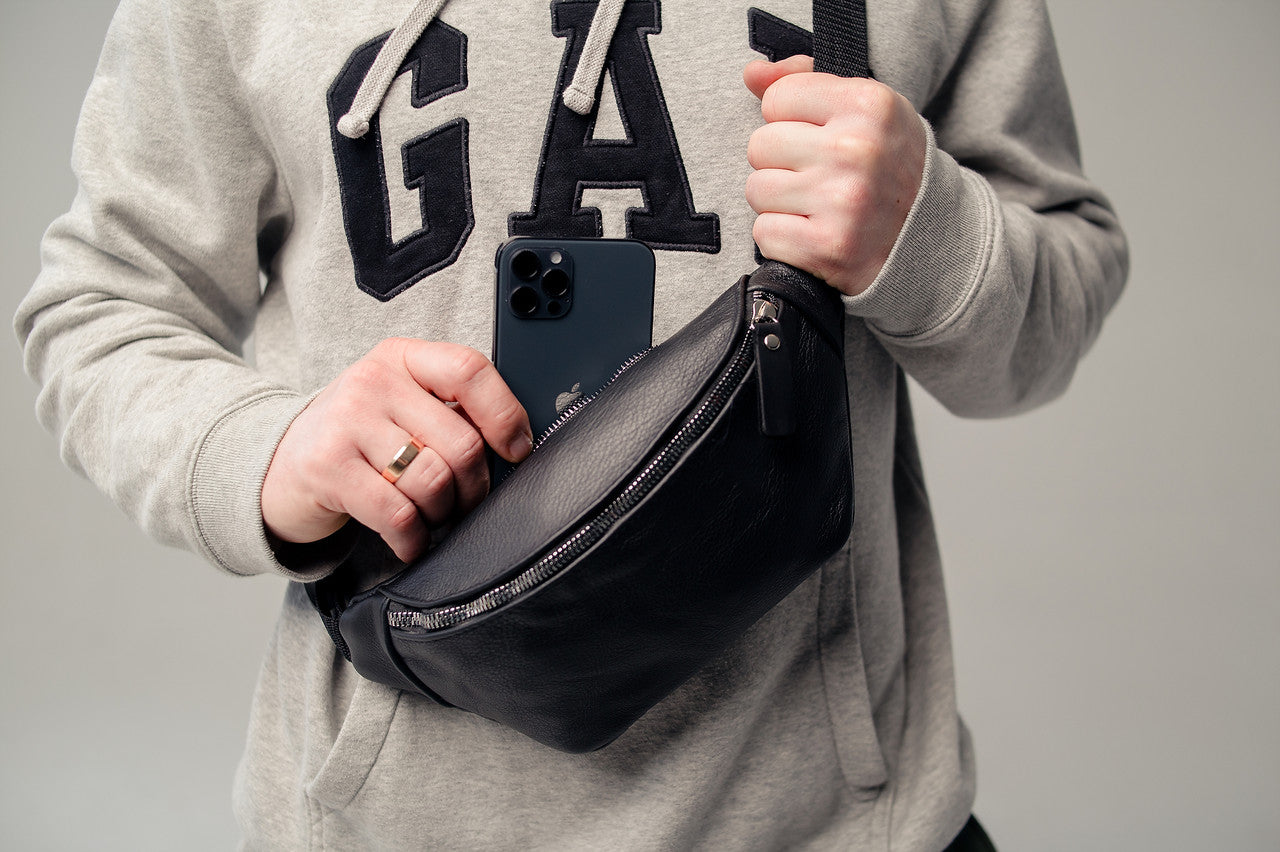 Mens Leather Banana Bag Black Handmade Gift For Him Waist Bag Fanny Pack Crossbody