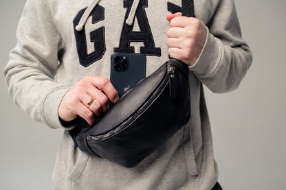 Mens Leather Banana Bag Black Handmade Gift For Him Waist Bag Fanny Pack Crossbody