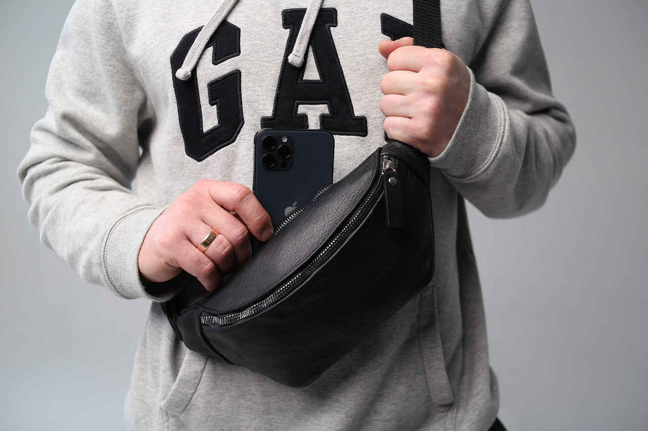 Mens Leather Banana Bag Black Handmade Gift For Him Waist Bag Fanny Pack Crossbody