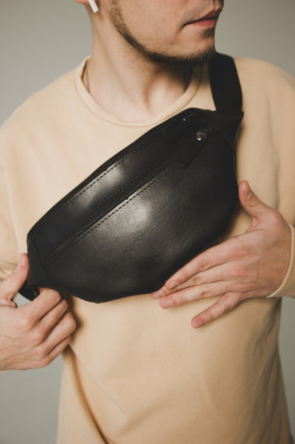 Mens Black Banana Bag Handmade Gift for Him PU Leather Waist Bag