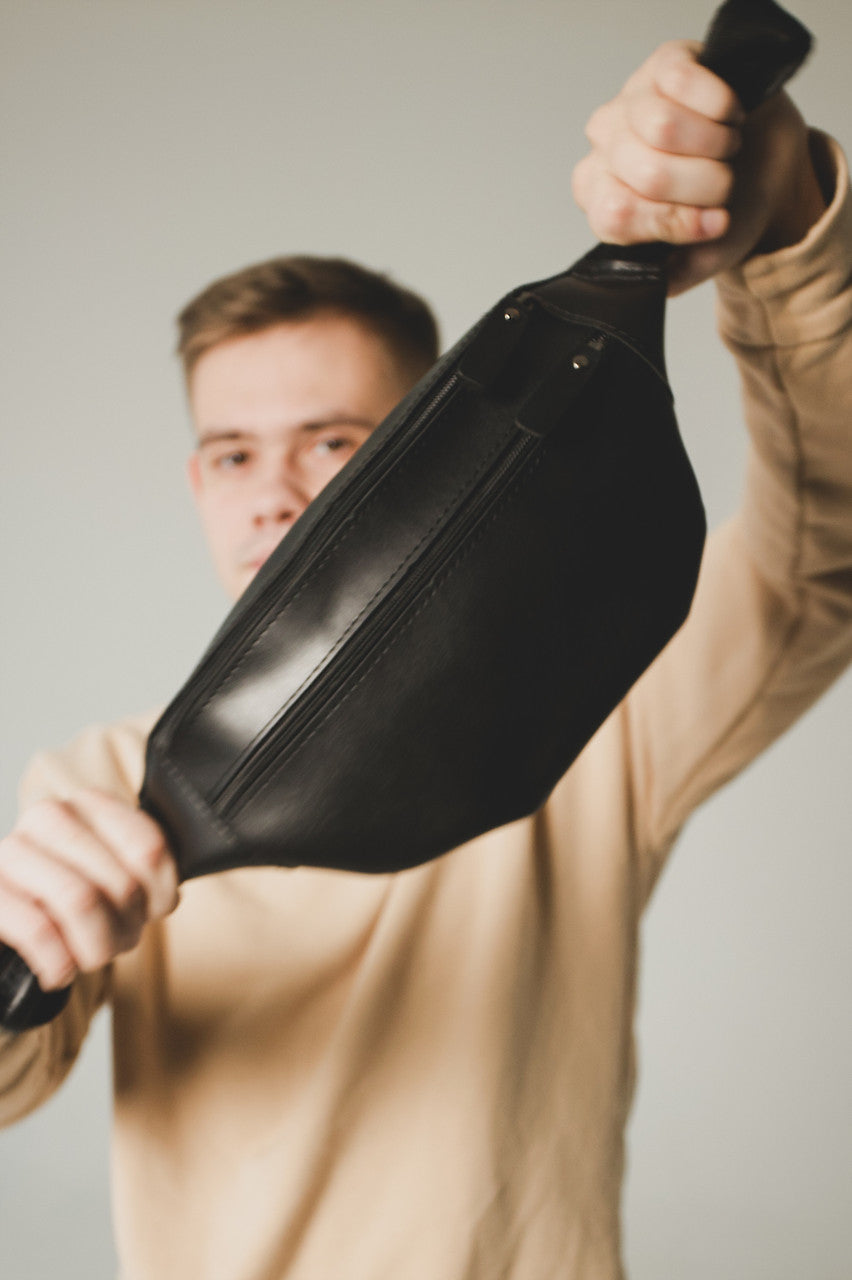 Mens Black Banana Bag Handmade Gift for Him PU Leather Waist Bag